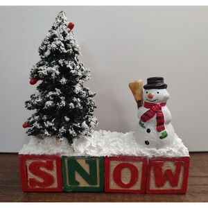 Handmade Christmas Scene Assemblage Art Snowman Building Blocks Sisal Tree